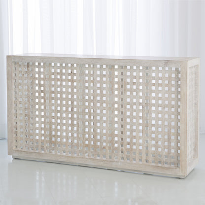 Driftwood Lattice Console by Global Views in white washed. Made from mango in a coastal style.
