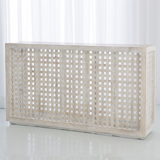 Driftwood Lattice Console by Global Views in white washed. Made from mango in a coastal style.