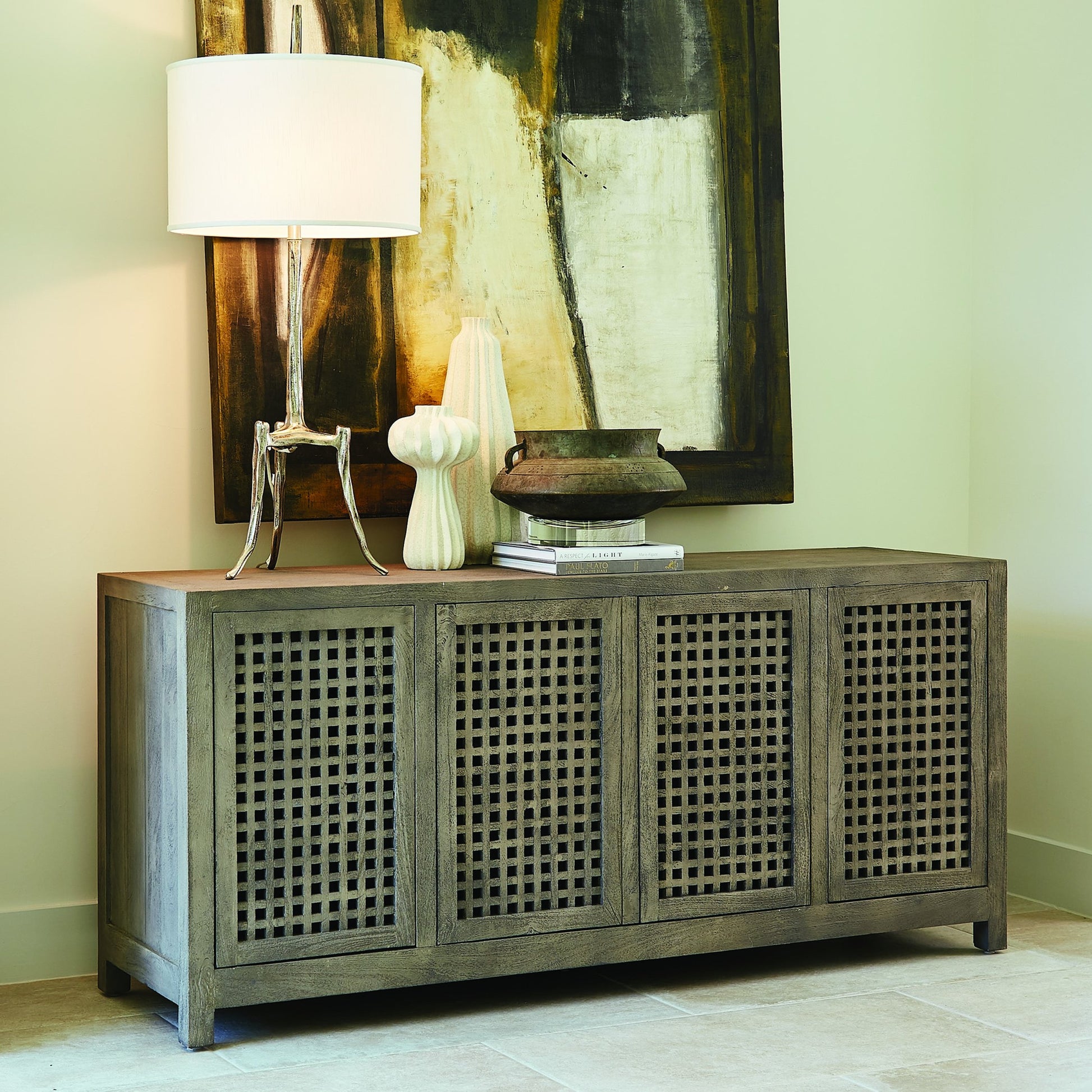 Driftwood Lattice Credenza by Global Views in white washed. Made from mango, mdf in a coastal style.