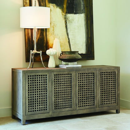 Driftwood Lattice Credenza by Global Views in white washed. Made from mango, mdf in a coastal style.