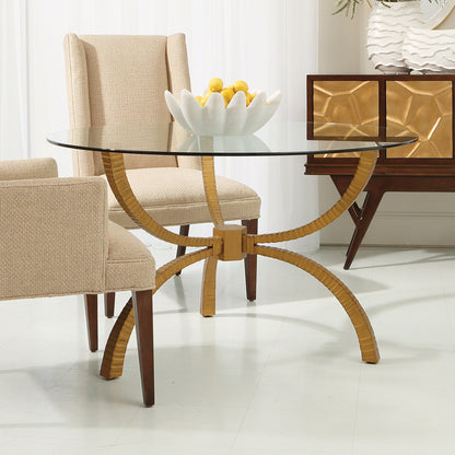 Teton Rectangular Table by Global Views in gold. Made from hand-forged iron, tempered glass in a transitional style.