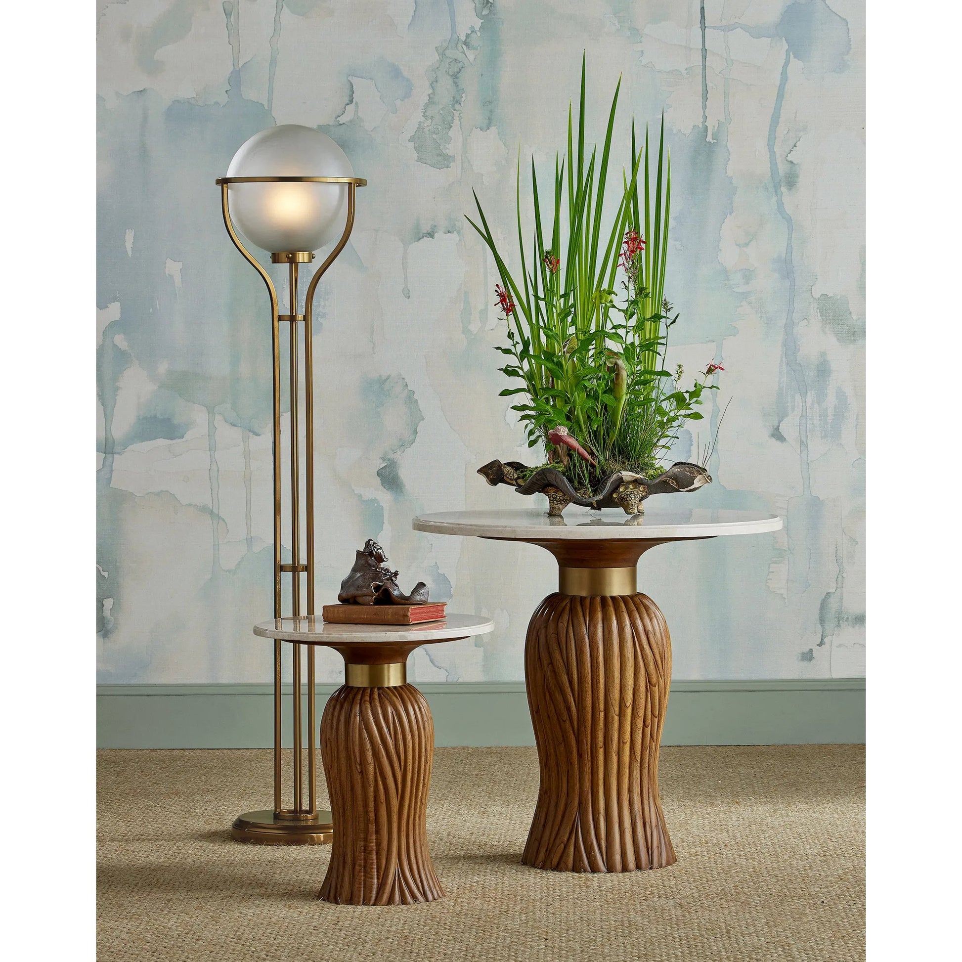 Tassel Accent Table by Currey and Company in morel brown, natural, brushed brass. Made from mindi wood, crema marfil marble, brass in a traditional style.