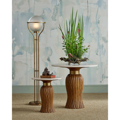 Tassel Accent Table by Currey and Company in morel brown, natural, brushed brass. Made from mindi wood, crema marfil marble, brass in a traditional style.