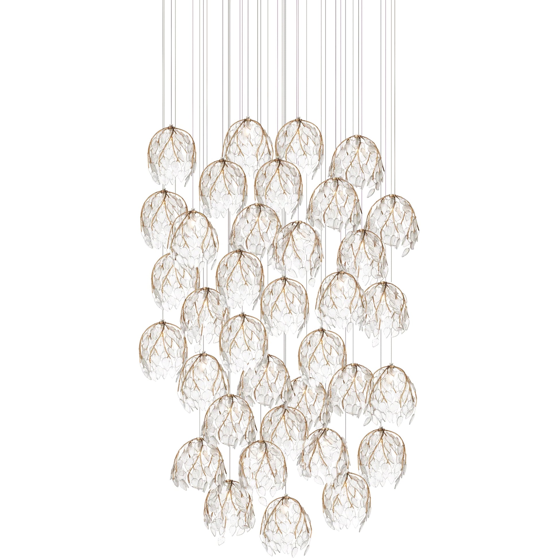Banyan 36-Light Multi-Drop Pendant by Currey and Company in antique brass, clear, silver. Made from metal, glass in a modern style.