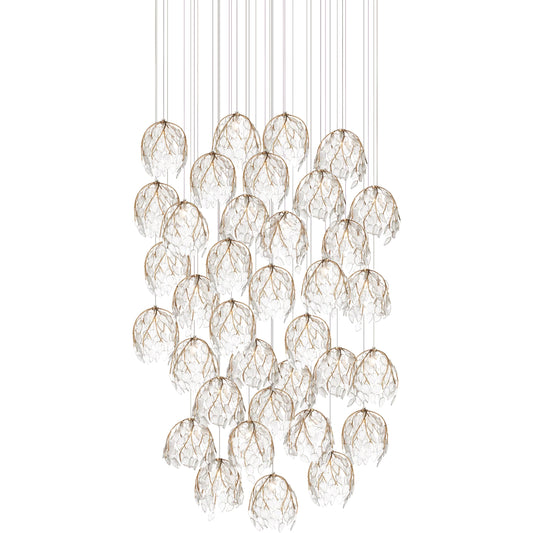 Banyan 36-Light Multi-Drop Pendant by Currey and Company in antique brass, clear, silver. Made from metal, glass in a modern style.