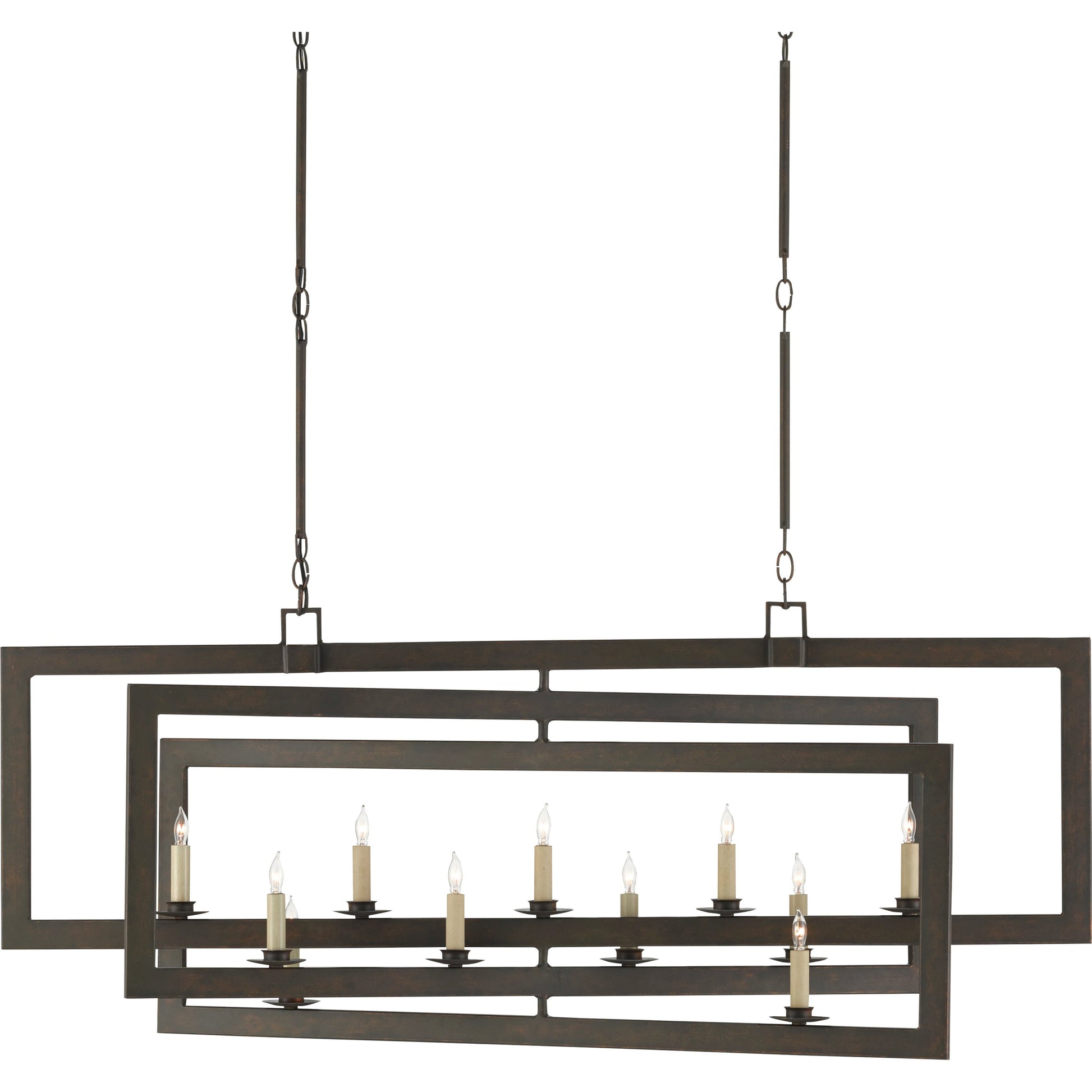 Middleton Rectangular Chandelier by Currey and Company. Made from wrought iron in a modern style.