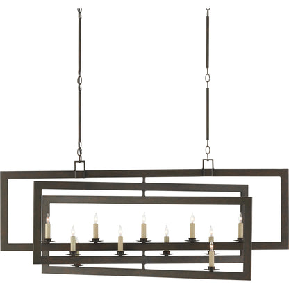 Middleton Rectangular Chandelier by Currey and Company. Made from wrought iron in a modern style.