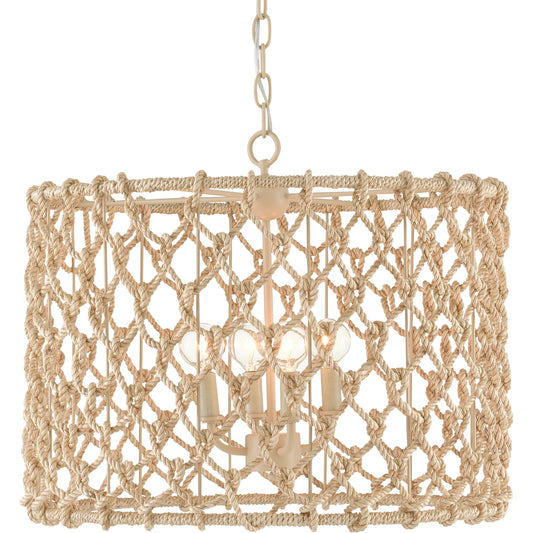 Chesapeake Drum Chandelier by Currey and Company in smokewood, natural abaca rope. Made from wrought iron, abaca rope in a coastal style.