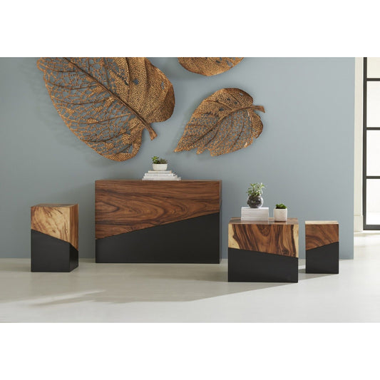Geometry Console Table by Phillips Collection in gray stone. Made from wood in a rustic style.