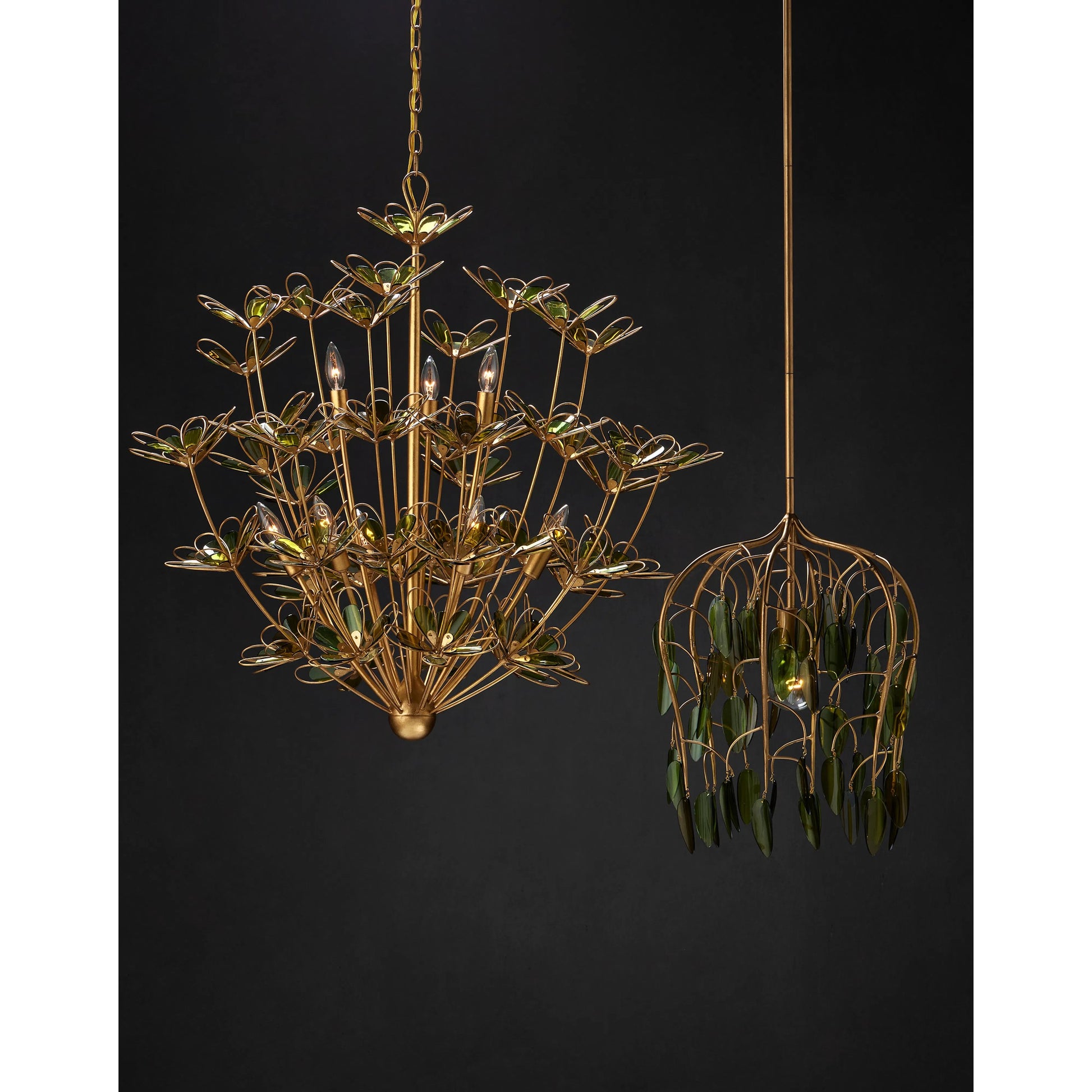 Midsummer Pendant by Currey and Company in brass, green. Made from wrought iron, recycled bottle glass in a modern style.