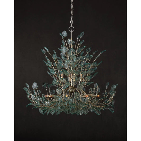 Baobab Chandelier by Currey and Company in clear, contemporary silver leaf. Made from recycled glass, wrought iron in a unique style.