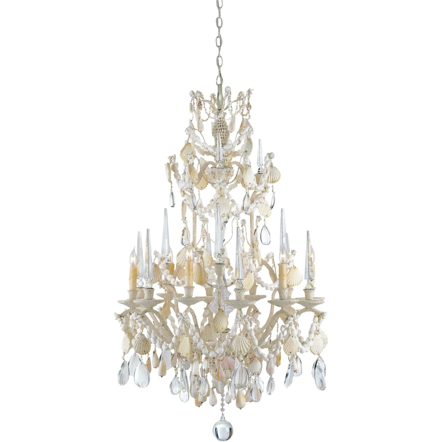 002 S-223748 | Primary Silo | Buttermere Chandelier by Currey and Company. Made from wrought iron, shell, crystal in a traditional style.