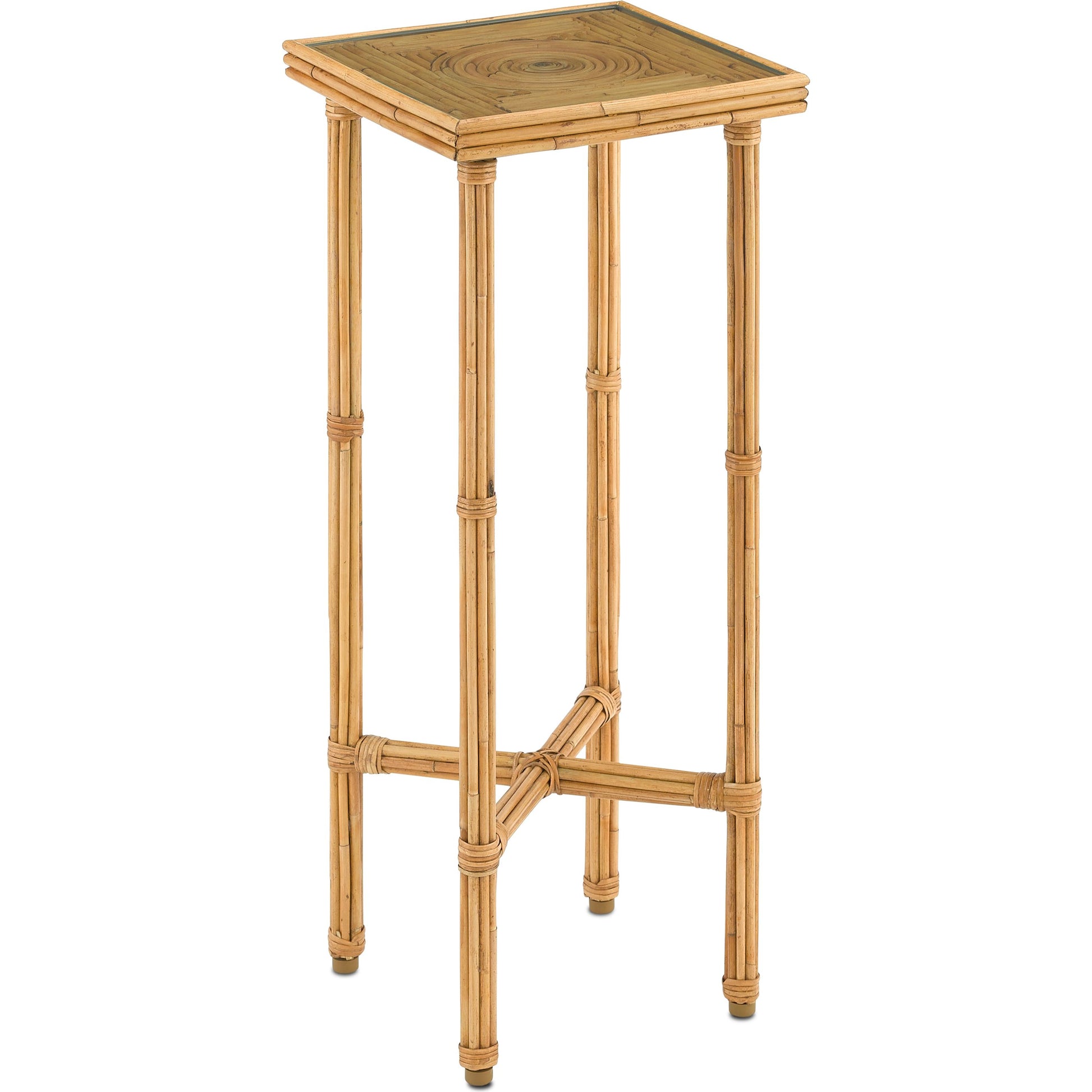 Silang Drinks Table by Currey and Company in natural rattan, clear. Made from rattan, wrought iron, glass in a transitional style.