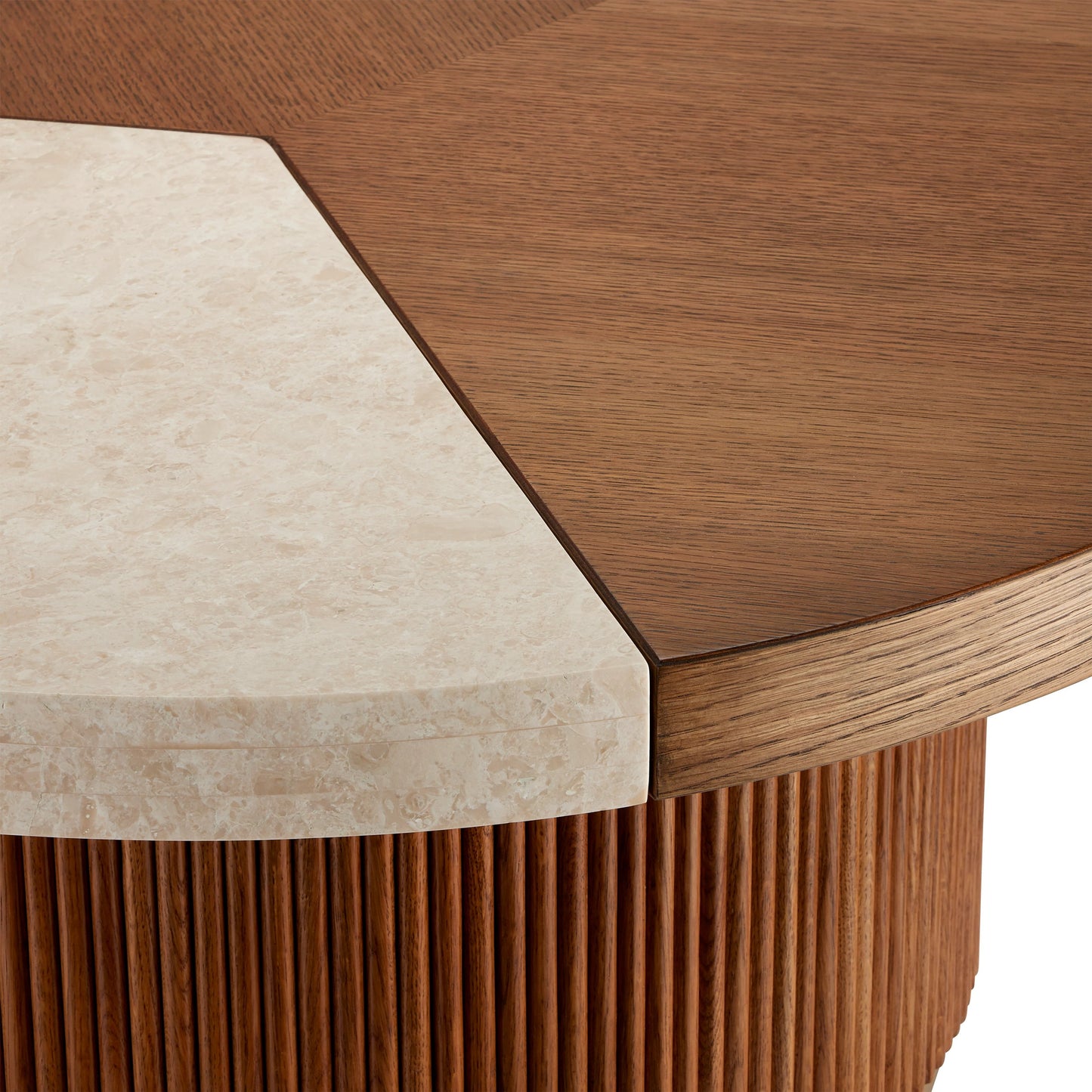 002 SI-2133895 | Closeup | Dakota Cocktail Table by Currey and Company in morel brown, natural, polished brass. Made from oak, crema marfil marble, brass in a modern style.