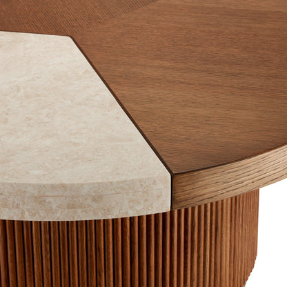 Dakota Cocktail Table by Currey and Company in morel brown, natural, polished brass. Made from oak, crema marfil marble, brass in a modern style.