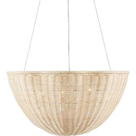 Telos Pendant by Currey and Company in bleached natural, vanilla. Made from rattan, wrought iron in a coastal style.