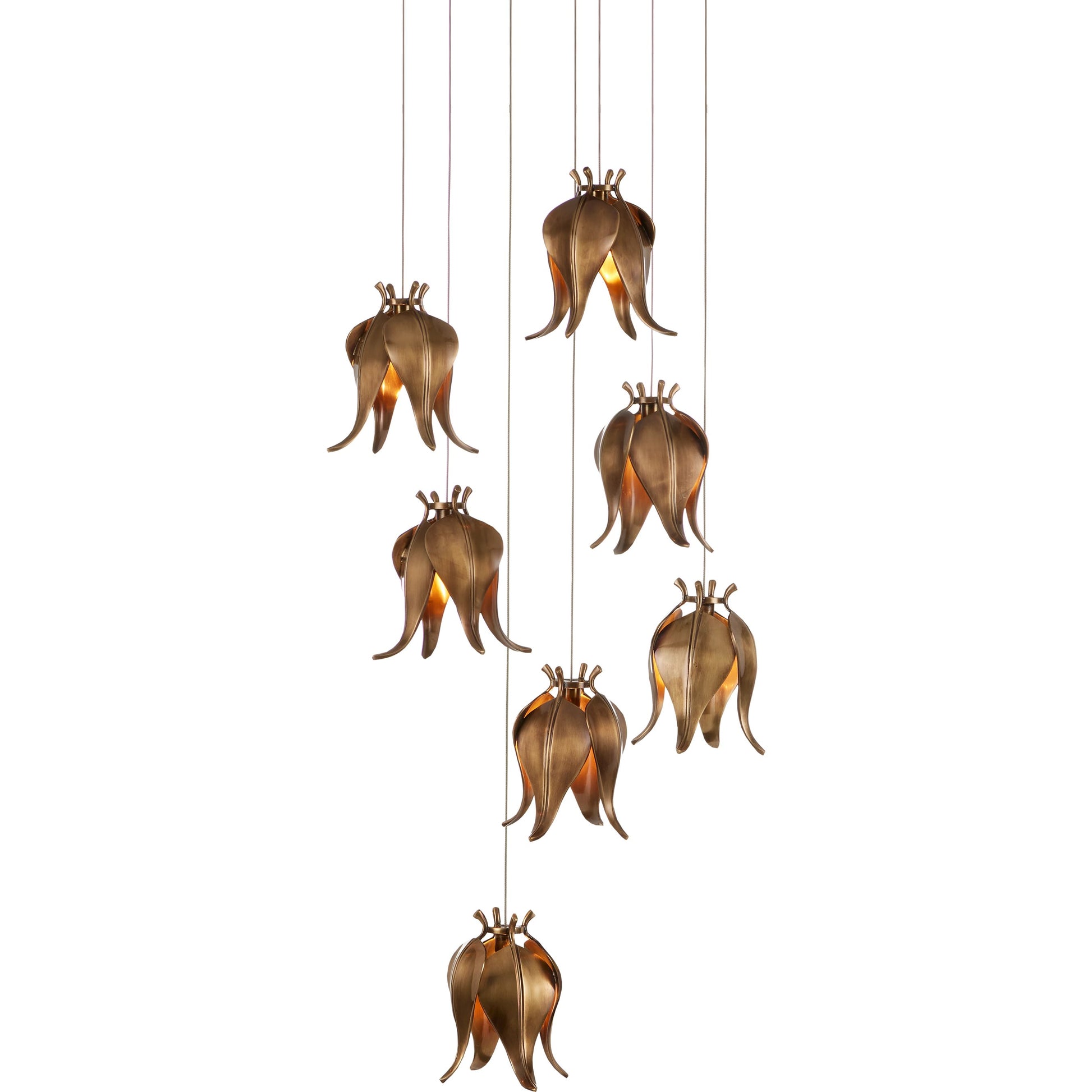 Iota Round 7-LIGHT Multi-Drop Pendant by Currey and Company in antique brass, silver. Made from brass in a modern style.