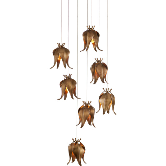 Iota Round 7-LIGHT Multi-Drop Pendant by Currey and Company in antique brass, silver. Made from brass in a modern style.