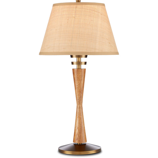 Woodville Table Lamp by Currey and Company in classic honey, antique brass. Made from ash wood, metal in a cottage & farmhouse style.