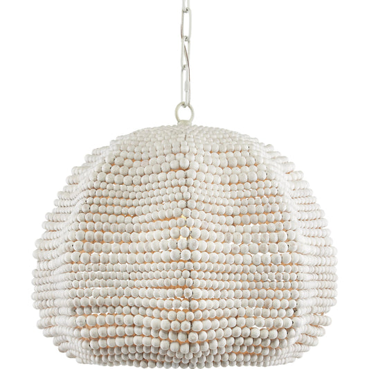 Octavia Pendant by Currey and Company in white, whitewash. Made from wrought iron, wood beads in a modern style.