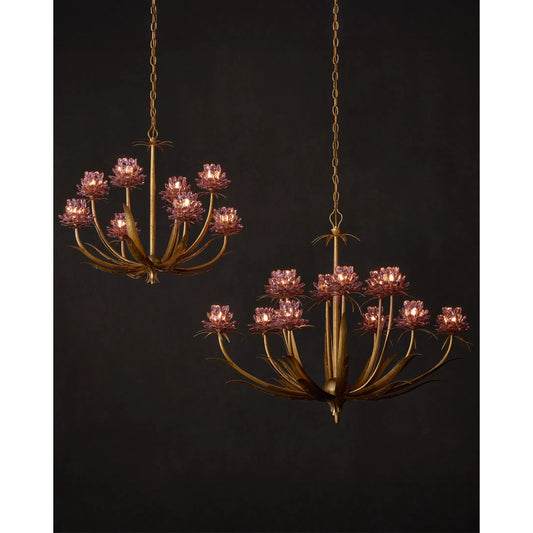 Marilee Chandelier by Currey and Company in pink, dutch gold leaf. Made from crystal, wrought iron in a unique style.