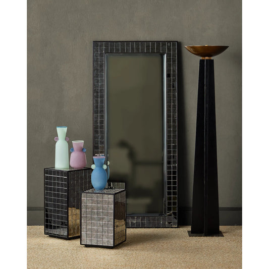 Mosaico Pedestal by Currey and Company in ebony, antique mirror. Made from mango wood, glass in a unique style.