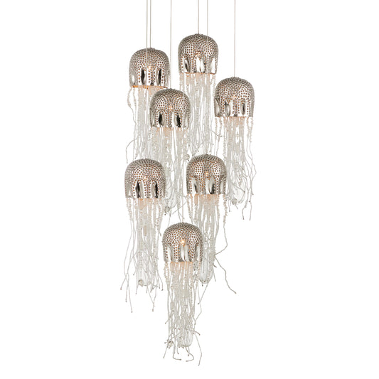 Medusa Round 7-LIGHT Multi-Drop Pendant by Currey and Company in nickel, silver. Made from nickel, steel, glass in a modern style.