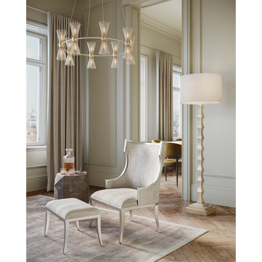 Garson Ottoman by Currey and Company in silver, fresh file linen. Made from mahogany in a transitional style.