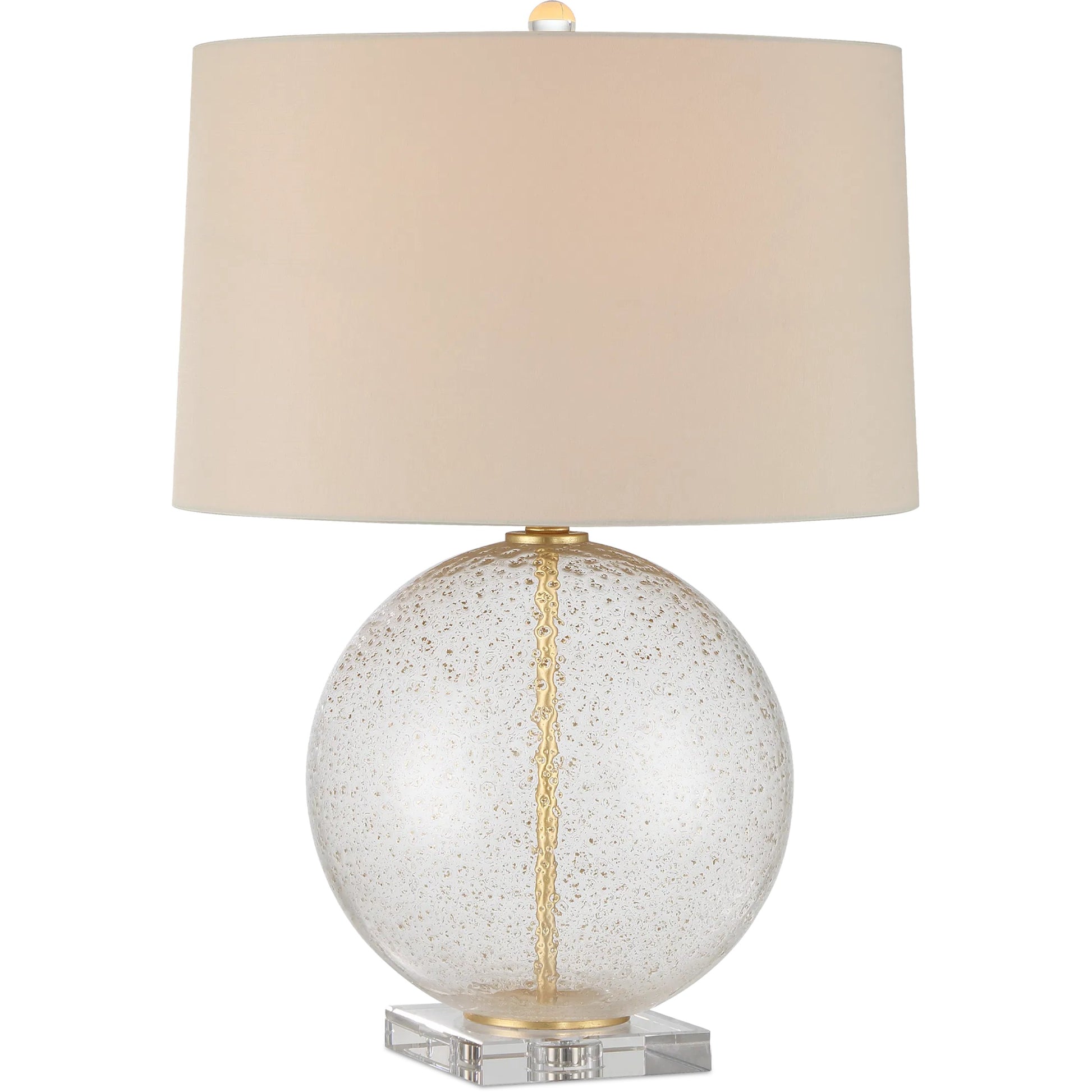 Zebulon Round Table Lamp by Currey and Company in clear with gold speckles, contemporary gold leaf. Made from glass, optic crystal, meta in a modern style.