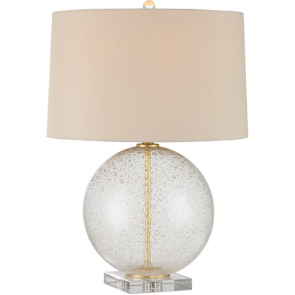 Zebulon Round Table Lamp by Currey and Company in clear with gold speckles, contemporary gold leaf. Made from glass, optic crystal, meta in a modern style.