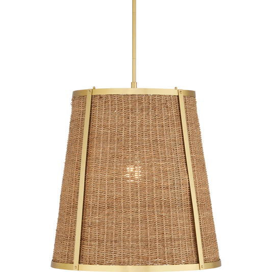 Deauville Pendant by Currey and Company in natural, polished brass. Made from seagrass, metal in a cottage & farmhouse style.