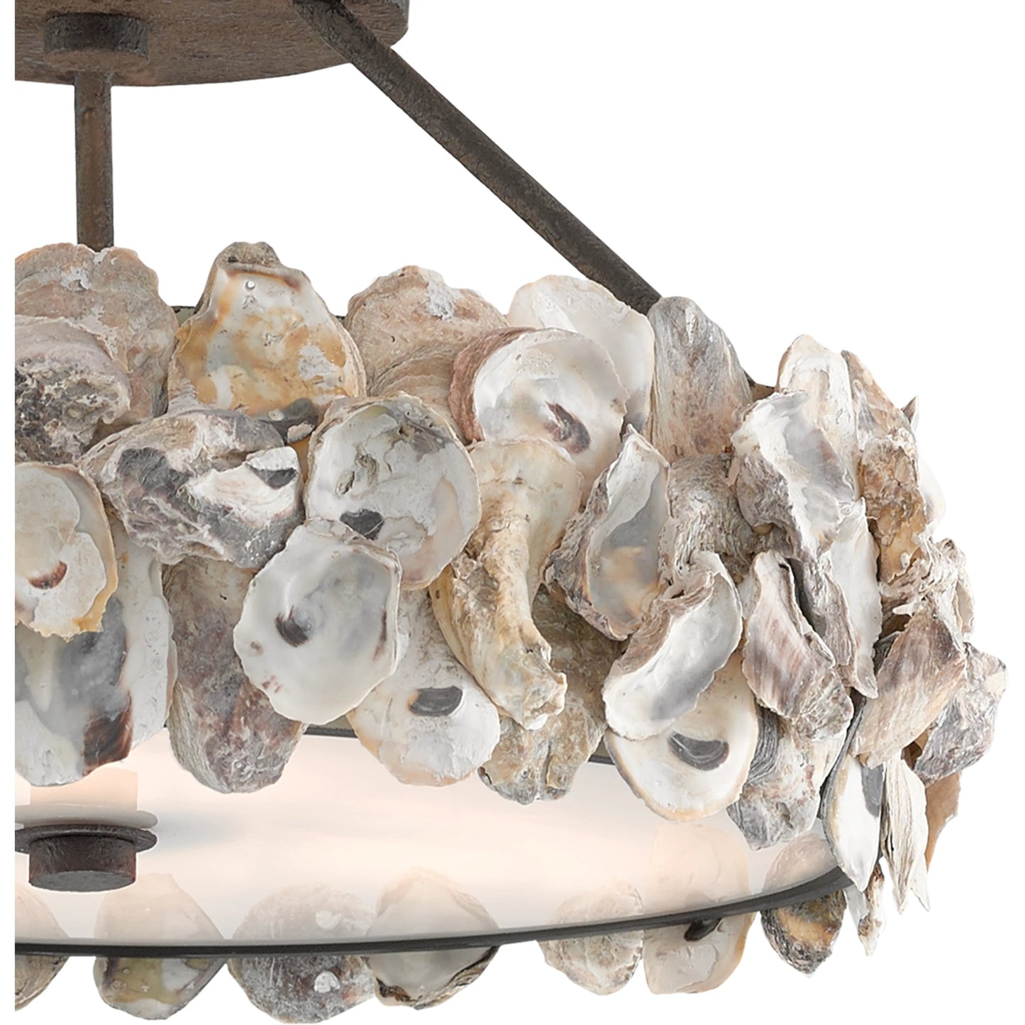 005 S-258217 | Closeup | Oyster Semi-Flush by Currey and Company in textured bronze, natural, frosted glass. Made from wrought iron, oyster shell, glass in a coastal style.