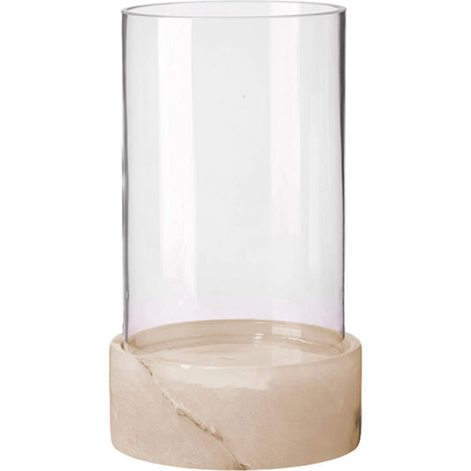 Charlotte Stacked Hurricane by Jamie Young in clear & brown. Made from glass & alabaster in a modern style.
