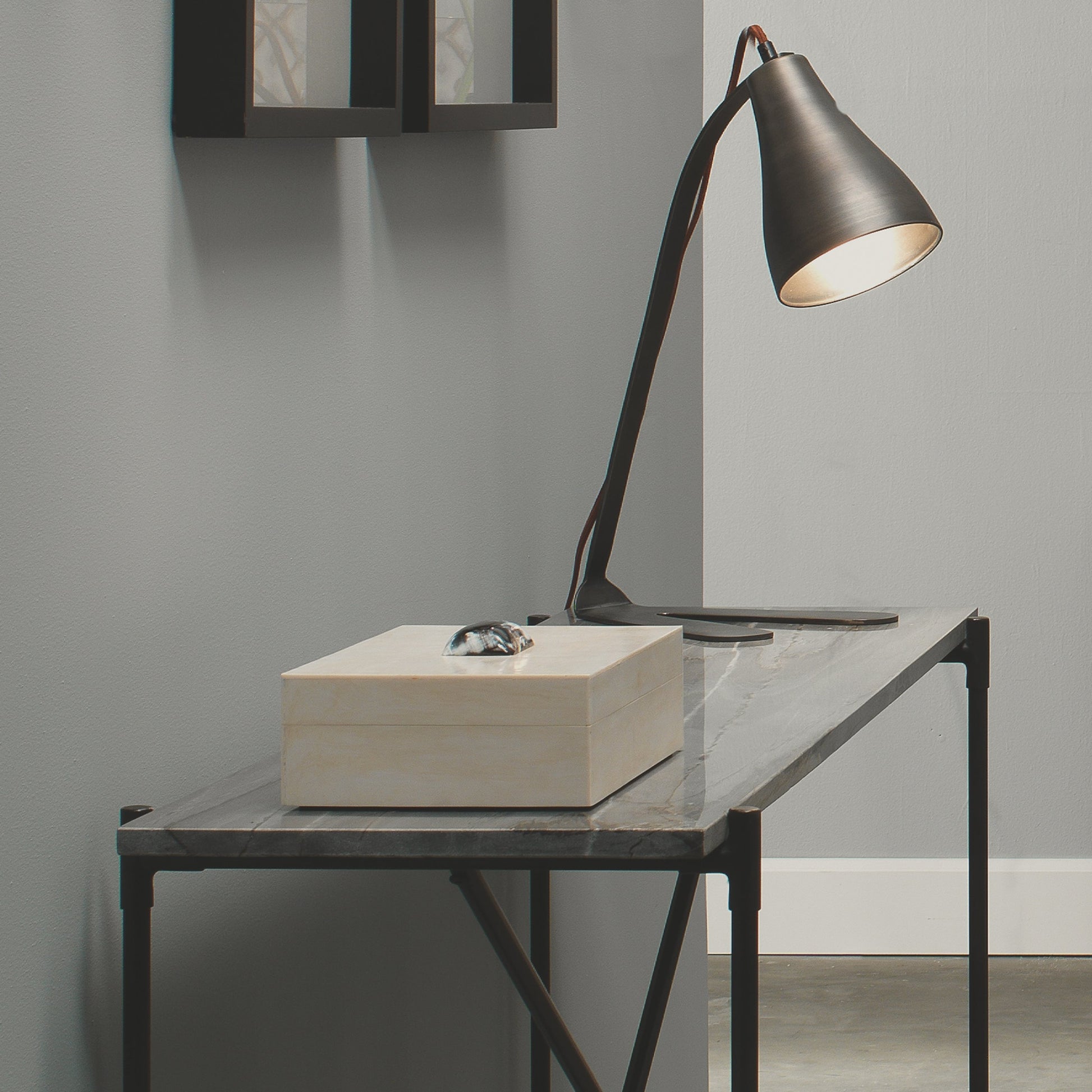 Constantine Box by Jamie Young in cream resin with horn accent. Made from resin on mdf, horn in a modern style.