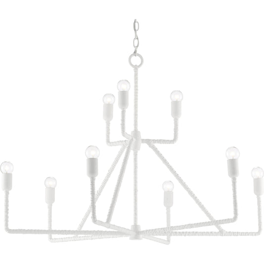 Trilling Chandelier by Currey and Company in gesso white. Made from split rattan, wrought iron in a modern style.