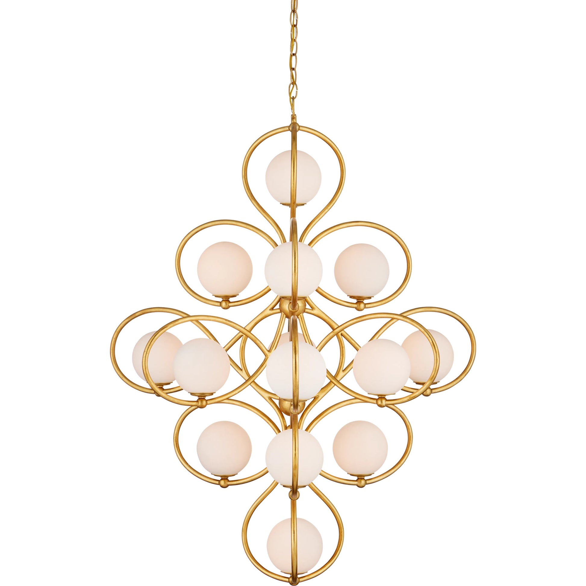 Storrs Chandelier by Currey and Company in contemporary gold leaf, contemporary gold, white. Made from wrought iron, glass in a modern style.