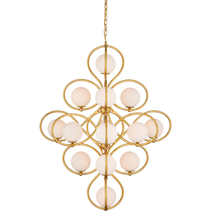 Storrs Chandelier by Currey and Company in contemporary gold leaf, contemporary gold, white. Made from wrought iron, glass in a modern style.