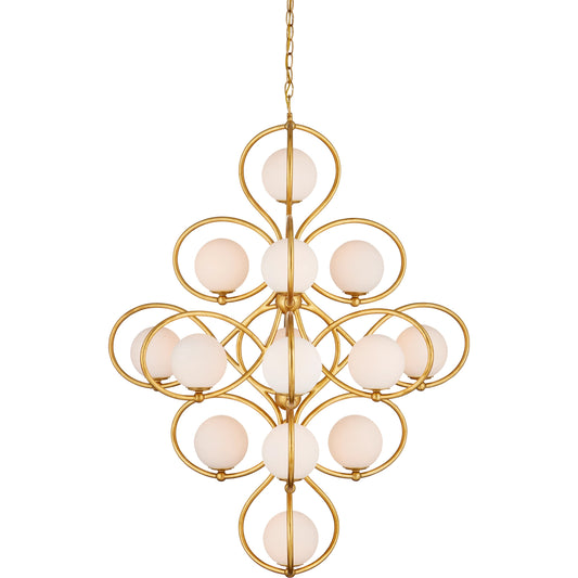 Storrs Chandelier by Currey and Company in contemporary gold leaf, contemporary gold, white. Made from wrought iron, glass in a modern style.