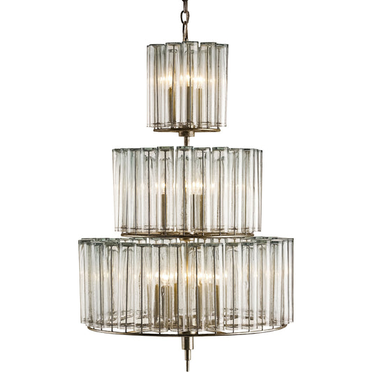 Bevilacqua Chandelier by Currey and Company in silver leaf. Made from wrought iron, glass in a traditional style.