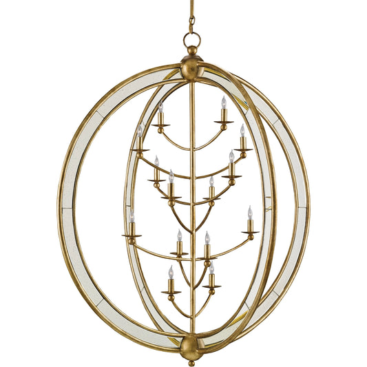 Aphrodite Chandelier by Currey and Company in gold granello, antique mirror. Made from wrought iron, mirror in a traditional style.