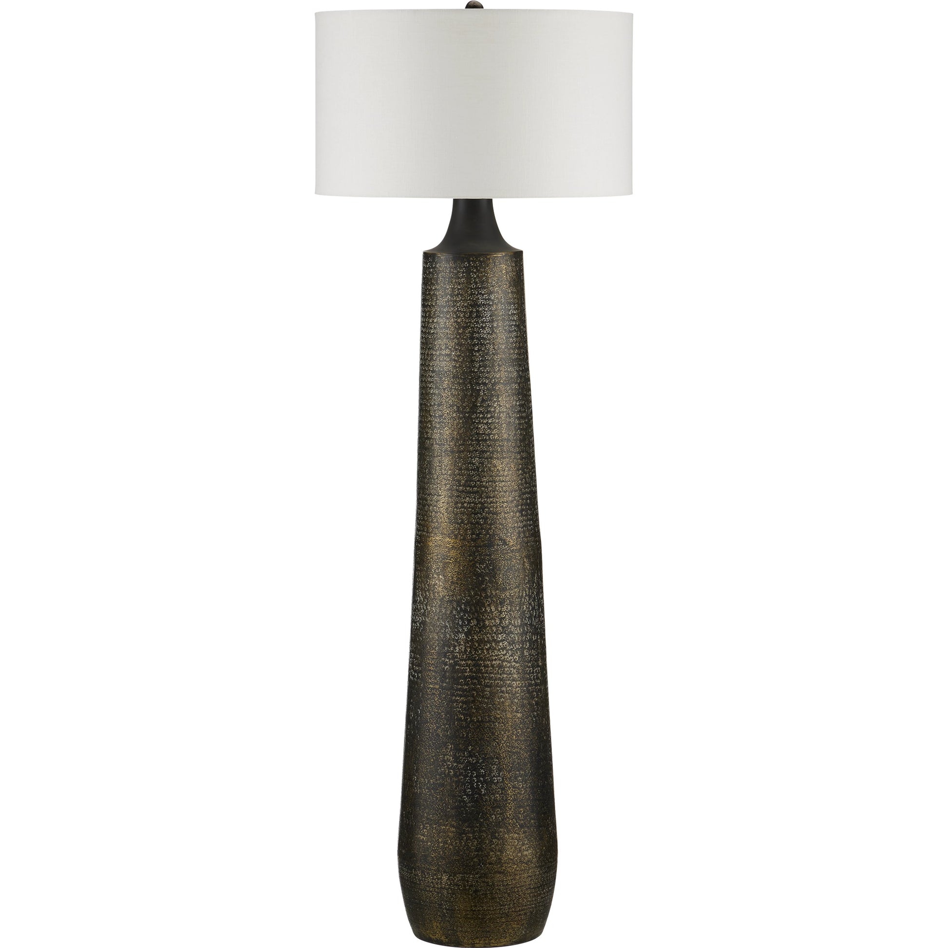 Brigadier Floor Lamp by Currey and Company in antique brass, black, whitewash. Made from aluminum in a modern style.