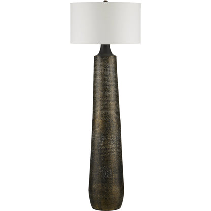 Brigadier Floor Lamp by Currey and Company in antique brass, black, whitewash. Made from aluminum in a modern style.