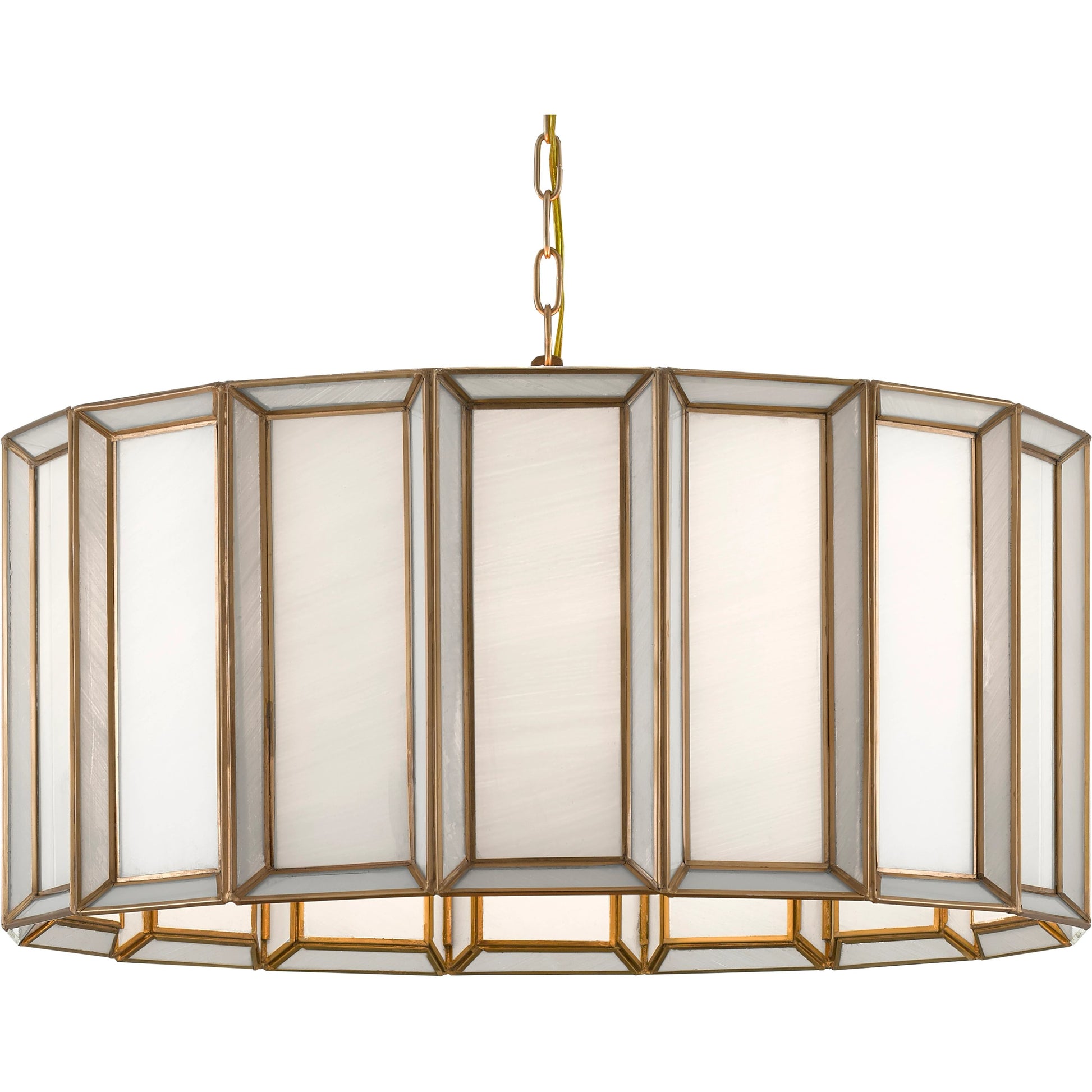 Daze Pendant by Currey and Company in antique brass, white. Made from brass, iron, milk glass in a modern style.