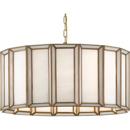 Daze Pendant by Currey and Company in antique brass, white. Made from brass, iron, milk glass in a modern style.