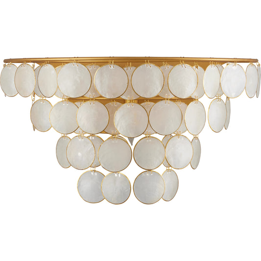 Bon Vivant Wall Sconce by Currey and Company in natural, contemporary gold. Made from capiz shell, wrought iron in a modern style.
