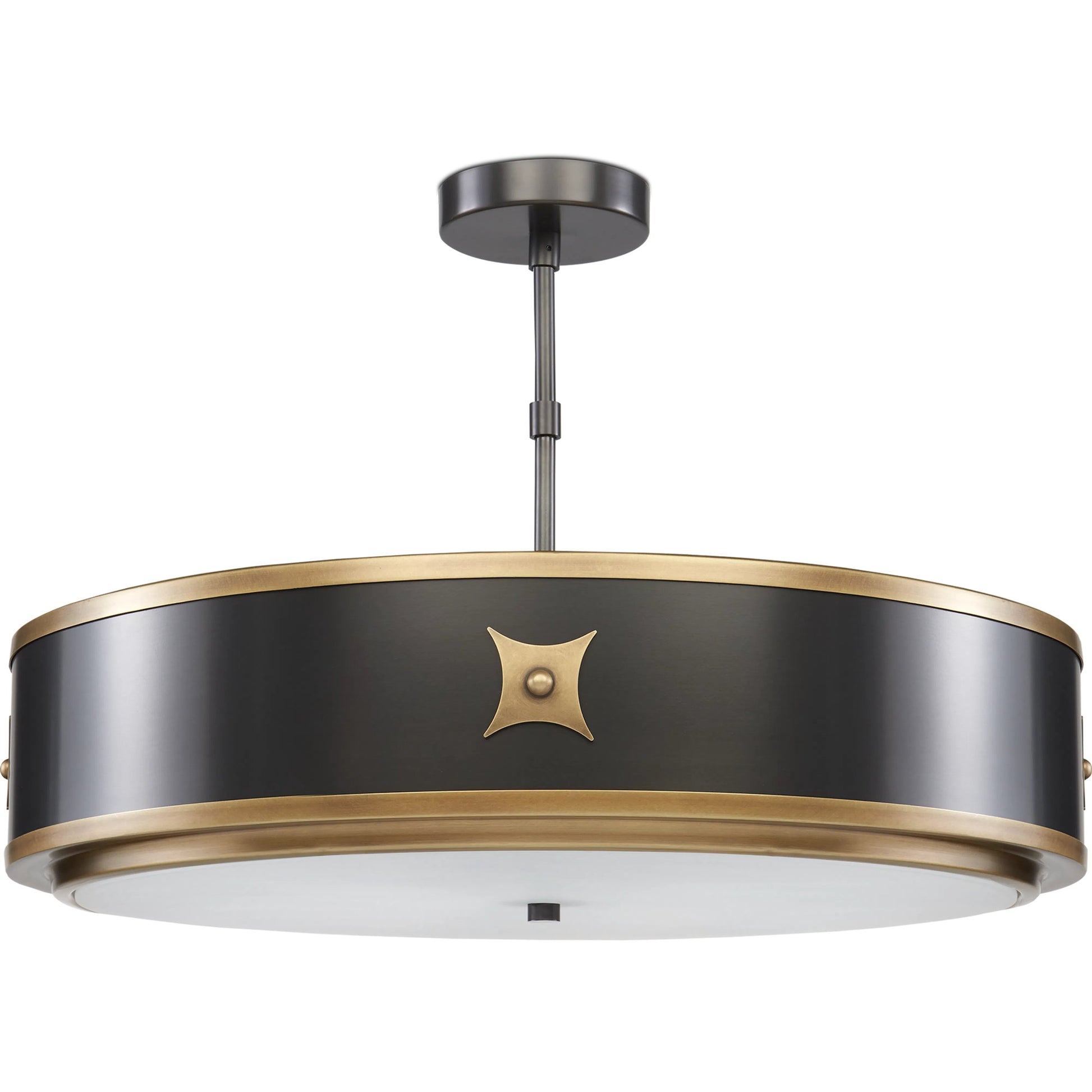 Huntsman Semi-Flush Mount by Currey and Company in satin black, antique brass, white. Made from brass, glass in a modern style.