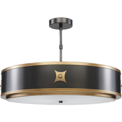 Huntsman Semi-Flush Mount by Currey and Company in satin black, antique brass, white. Made from brass, glass in a modern style.