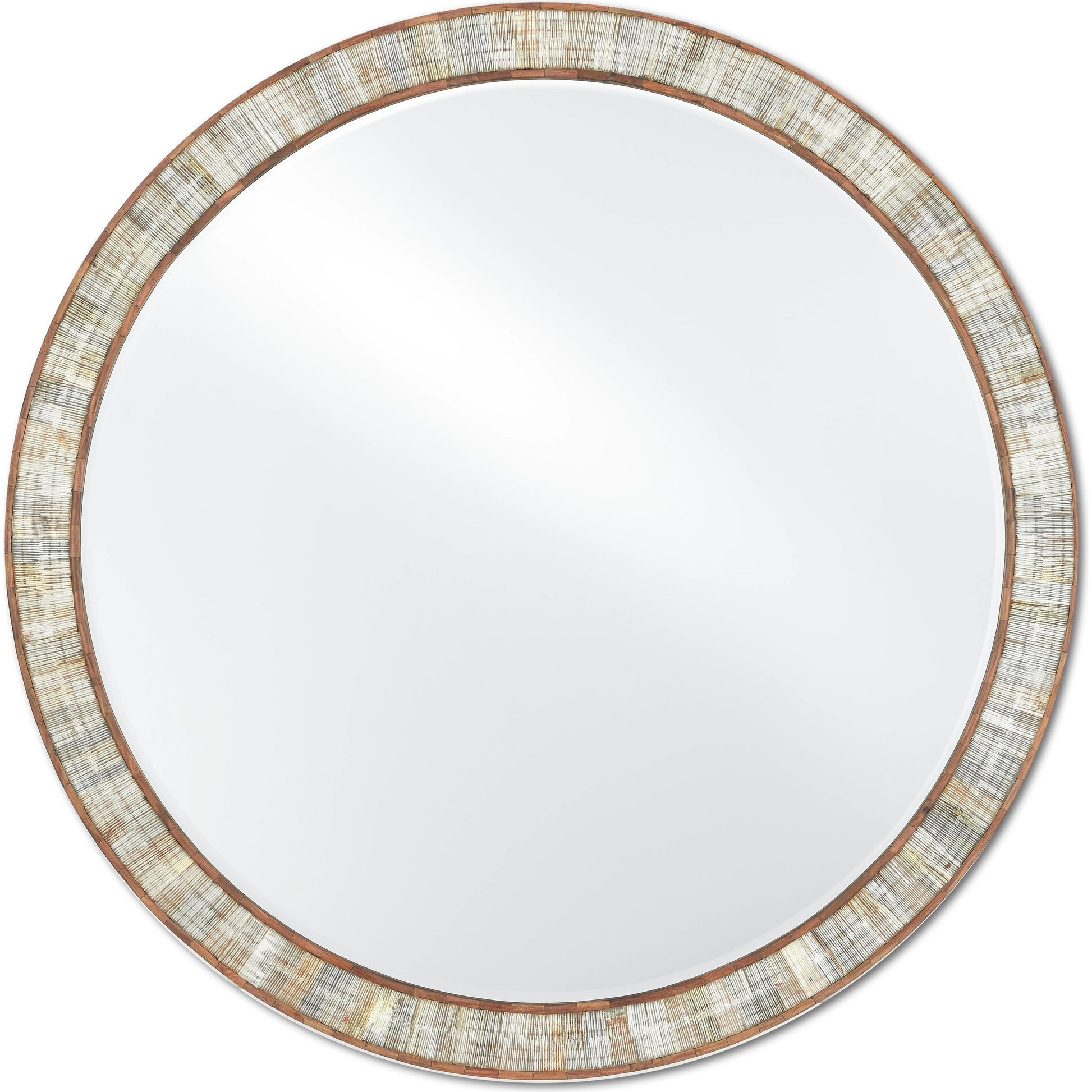 Hyson Round Mirror by Currey and Company in natural, mirror. Made from horn, sheesham wood, engineered hardwood, glass in a coastal style.