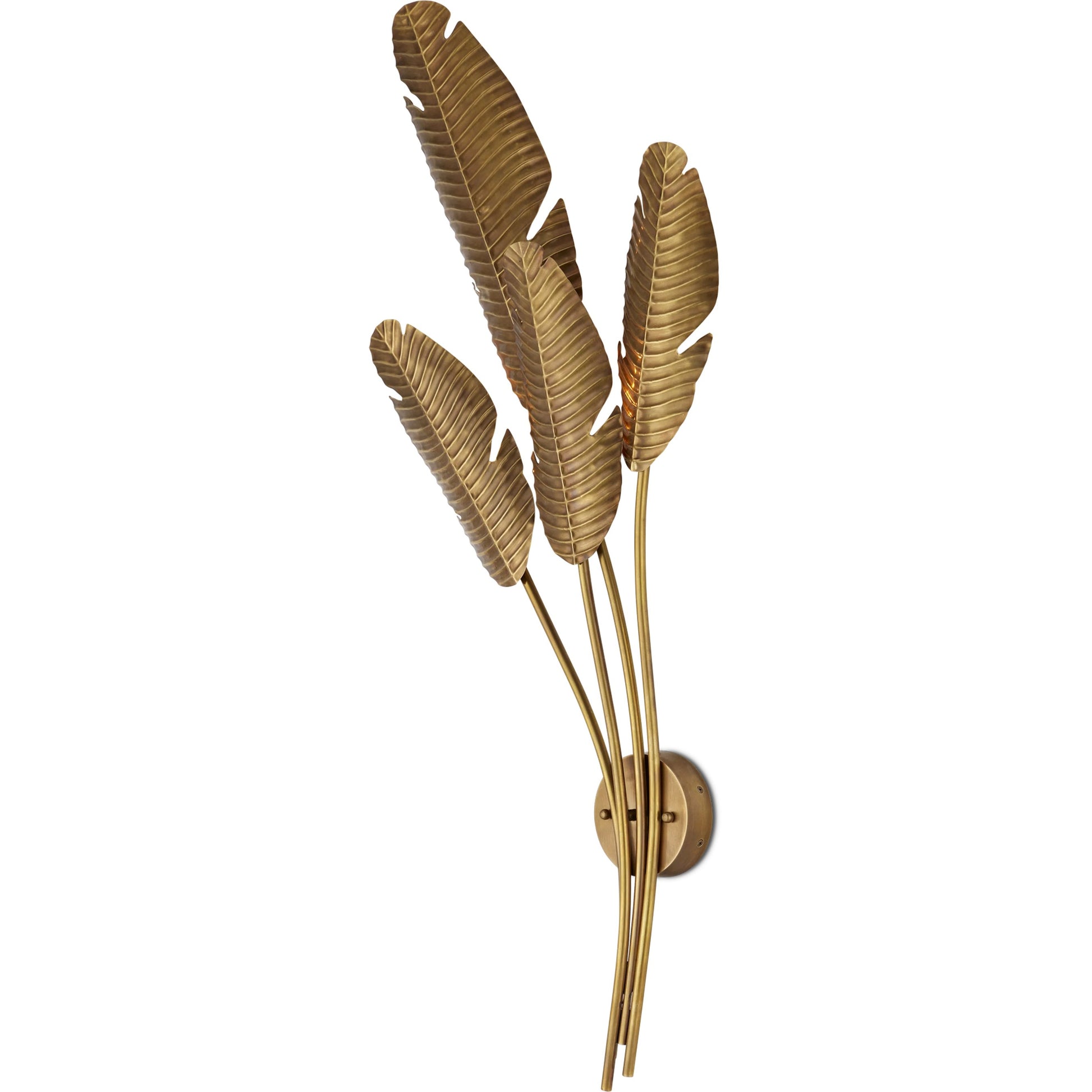 Tropical Wall Sconce by Currey and Company in vintage brass. Made from brass in a transitional style.
