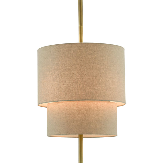 Combermere Chandelier by Currey and Company in antique brass, linen. Made from metal, fabric in a modern style.